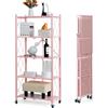 BRIAN & DANY Scaffale Pieghevole 5 Ripiani con Ruote, Scaffali in Metallo Salvaspazio per Soggiorno, Cucina e Garage, 65 x 34 x 150 cm (Rosa)