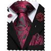 Hi-Tie Set da uomo di cravatta in seta, fazzoletto da taschino e gemelli con spilla da bavero, jacquard per matrimonio, lavoro, collo formale, Nero Rosso A, M