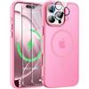 ORETECH Magnetica Cover per iPhone 16 Pro Max 6,9" con 2 Vetro Temperato e 1 Vetro Fotocamera, Compatibile con MagSafe, Traslucida Opaca Antiurto Ultra Sottile Hard PC Cover-Rosa Chiaro