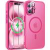 ORETECH Magnetica Cover per iPhone 16 6,1 Pollici con 2 Vetro Temperato e 1 Vetro Fotocamera, Compatibile con MagSafe, Traslucida Opaca Antiurto Ultra Sottile Hard PC Cover-Rosa Caldo