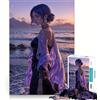 VJcfRUer Puzzle per adulti Ragazza dai capelli viola sulla spiaggia, 1000 pezzi, per rafforzare la memoria e il legame familiare, con bordi netti, ideale come regalo di compleanno (38x52cm)