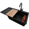 PRIMAGRAN Lavandino da Cucina Tutto Nero 90x50cm, Lavello in Granito a 1 vasca + Rubinetto 32x20cm + Set di accessori, Lavabo da Cucina Incasso al Mobile 60cm - Sydney Ergo S426