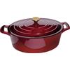 La Cuisine for life La Cuisine - Casseruola ovale in ghisa smaltata con coperchio, 4,7 L, rivestimento interno in smalto nero opaco, colore Cranberry, manico del coperchio in acciaio inox placcato oro, adatta al forno