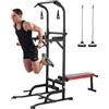 LIFERUN Dip Station Power Tower, torre multifunzione con panca pieghevole, barra per sollevamento pesi per allenamento a casa, con fasce per allenamento, capacità di carico fino a 200 kg