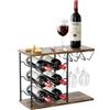 Nuovoware Portabottiglie da appoggio, 6 bottiglie e 4 bicchieri, in legno | Portabottiglie, organizer in metallo per cucina, bar, tavolo, mobile, cantina