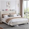 OKMYHOME Letto Imbottito 180x200 cm con Materasso, Letto Matrimoniale Grande con LED e Porta USB Tipo C, Struttura con Rete a Doghe in Metallo, Tessuto a Coste, Beige