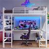 Kebnor Letto a soppalco, telaio in ferro, scrivania, ringhiera, scala a pioli, con presa USB+Type-C, con striscia LED, con bordo forato, senza materasso (bianco, 90x200 cm)