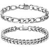 Gamtic Bracciale Uomo a Catena Cubana 2 Pezzi - Robusta Set di Braccialetto in Acciaio Inox Argento con Confezione 19/21/23cm Idee Regalo Uomo Ragazzo Fidanzato (Argento-Figaro, 23.00)