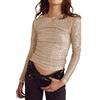YILEEGOO Camicetta da donna a maniche lunghe con paillettes per feste Shimmer impreziosita girocollo scintillante glitter slim fit crop top camicetta, Oro, S