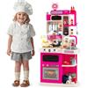 HOMASIS Set Cucina Giocattolo con 54 Pezzi, Gioco da Cucina con Luci e Suoni Realistici, Simulatore di Fornelli con Spruzzo e Lavello con Acqua Automatica, per Bambini dai 3+ Anni (Rosa)
