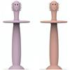 Matchstick Monkey Cepillo de dientes de entrenamiento con tapón, para cepillado independiente, mango de silicona suave fácil de agarrar, protección antimicrobiana, a partir de 3 meses, rosa