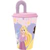 Tataway Disney Bicchiere rosa e lilla per bambine in plastica Principesse Belle Cenerentola Rapunzel 430 ml con cannuccia e coperchio flessibile