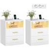 VASAGLE CUSTOS Collezione - Set di 2 Comodini con Stazione di Ricarica, Luce LED, Tavolini Moderni con Cassetti, Ripiano Aperto, 2 Prese AC e Porte USB, Bianco Nuvola LET829WB01