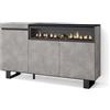 Skraut Home | Credenza, Mobile, Cucina | Madia, mobile ingresso | 150x87x35cm | 3 Porte | Camino elettrico | Design industriale | Stile moderno | Cemento