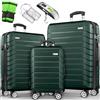tillvex® Set di 3 valigie da viaggio + bilancia per bagagli, 6 cinghie per valigie e 3 etichette per bagagli, set da 4 ruote, trolley valigia TSA, serratura rigida M-L-XL, verde militare