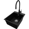 PRIMAGRAN Lavandino da Cucina Nero 38x50cm, Lavello in Granito a 1 vasca + Rubinetto 40x38cm + Set di accessori, Lavabo da Cucina Incasso al Mobile 40cm - Riga S061