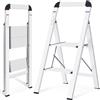 KINGRACK Scaletta 2 Gradini di Pieghevole, Scala in Alluminio con Corrimano, con Dispositivo di Protezione di Sicurezza. Gradini Antiscivolo, Massima 150kg, Argento