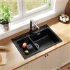 ANYCEE Lavello Cucina Nero 70x46 cm, Lavandino Cucina 1 Vasca con Cestello di Scarico, Lavello Granito per Mobile da 70 cm, Lavandino Nero di 80% Sabbia Quarzo con Sifone e Scarico