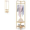 HOMASIS Appendiabiti Angolare in Metallo, Porta Abiti 3 in 1 con Bastone, Scaffale Porta Scarpe e Ripiani, Guardaroba da Terra ad Angolo per Ingresso, Soggiorno, Camera da Letto (Oro)