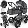 KIDUKU® 3 in 1 Passeggino Completo Trio | Passeggino Sistema Combinato con Navicella Ovetto Seggiolino Auto Coprigambe | Pneumatici in Gomma Dura Borsa Fasciatoio Tavolo per Bambini ECE R129