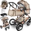 KIDUKU® 3 in 1 Passeggino Completo Trio | Passeggino Sistema Combinato con Navicella Ovetto Seggiolino Auto Coprigambe | Pneumatici in Gomma Dura Borsa Fasciatoio Tavolo per Bambini ECE R129