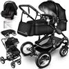 KIDUKU® 3 in 1 Passeggino Completo Trio | Passeggino Sistema Combinato con Navicella Ovetto Seggiolino Auto Coprigambe | Pneumatici in Gomma Dura Borsa Fasciatoio Tavolo per Bambini ECE R129