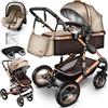 KIDUKU® 3 in 1 Passeggino Completo Trio | Passeggino Sistema Combinato con Navicella Ovetto Seggiolino Auto Coprigambe | Pneumatici in Gomma Dura Borsa Fasciatoio Tavolo per Bambini ECE R129