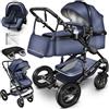 KIDUKU® 3 in 1 Passeggino Completo Trio | Passeggino Sistema Combinato con Navicella Ovetto Seggiolino Auto Coprigambe | Pneumatici in Gomma Dura Borsa Fasciatoio Tavolo per Bambini ECE R129