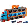 Hot Wheels - Camion 2 in 1 Trasportatore e Pista, veicolo convertibile con 3 macchinine incluse, può contente fino a 20 auto, collegabile ad altri set, giocattolo per bambini, 4+ anni, GVG37