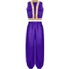 renvena Costume da Genio Bambini Abito Principe d' Arabia Gilet in Raso + Pantaloni Bloomers Costume Aladino Costumi in Maschera Cosplay Carnevale Halloween Viola A 13-14 anni