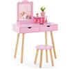 COSTWAY 2 in 1 Set Toeletta per Bambini, Postazione Trucco in Legno con Sgabello, Specchio Rettangolare Staccabile e 2 Cassetti Capienti, Ideale per Bambini dai 3 ai 7 Anni (Rosa Scuro)