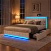 QMTXBYJ Letto matrimoniale con Contenitore 140x190 cm, letto imbottito 140x190 con 4 cassetti, LED e Porta USB, letto funzionale con testiera, struttura letto con rete a doghe, Lino,Senza Materasso