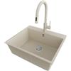 PRIMAGRAN Lavandino da Cucina Beige 58x50cm, Lavello in Granito a 1 vasca + Rubinetto 40x20cm + Set di accessori, Lavabo da Cucina Incasso al Mobile 60cm - Riga S329