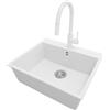 PRIMAGRAN Lavandino da Cucina Bianco 58x50cm, Lavello in Granito a 1 vasca + Rubinetto 40x20cm + Set di accessori, Lavabo da Cucina Incasso al Mobile 60cm - Riga S325