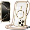 Coiwxmoi Magnetica Cover Ondulato per iPhone 16 Pro Max con Cordino 6,9,[Compatibile con MagSafe] Trasparente Custodia con Laccio Collana Tracolla,Telaio Forma Riccia Silicone Protettivo Case, Oro