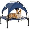 PawHut Letto rialzato rinfrescante cane medio 76x61x69.5cm blu scuro | Letto rialzato per animali, rete traspirante, tendalino protezione UV, pattini, per interno esterno