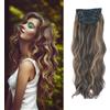 Cybelleza Extension Capelli Clip Mossi 4PCS 55cm 220g Extension a Clip Capelli Ondulati Lunghi Posticci per Capelli Sintetici Ricci Allugamento Full Head Set, Marrone scuro e biondo caramello
