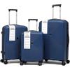 R.Leone Valigia da 1 Fino a Set 3 Bagaglio a mano 55x40x20 Ryanair, Medio, Grande Ultra Strong Antiurto Resistente Trolley rigido leggero 8 ruote in Polipropilene 9188 (Blu, Set 3 Pezzi S M L)