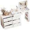 Azkoeesy Tavolo da toeletta con scrivania girevole, con specchio e illuminazione a LED, con 7 cassetti, ripiani laterali, organizzatore cosmetico, bianco, 105 x 40 x 80 cm