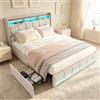FOERPL Letto matrimoniale 140 x 200 cm con stoccaggio, LED e 4 cassetti in ferro, comodino con porta USB, telaio per letto per adulti in tessuto di lino