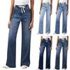 Generic Mom Jeans da donna a vita alta, elasticizzati, con elastico, in denim, per il tempo libero, con gamba larga, pantaloni larghi, Celeste., L