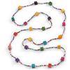 Avalaya Collana lunga multicolore con piccole perline rotonde in vetro e legno cubo, lunghezza 126 cm