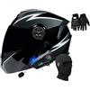 SONGDIQI Casco Modulare Moto Bluetooth Integrato, Casco Moto con Integrale con Doppia Visiera, Casco Integrato Apribile Omologati ECE(C2,L(59~60cm))