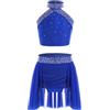 LiiYii Costume da Danza del Ventre Bambina Halter Crop Top di Paillettes con Gonnellino Vestito Danza Ballo Latino Americano Abito da Pattinaggio Artistico Blu 13-14 anni