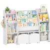 Hzuaneri 140cm libreria per bambini con Porta Riviste, 3 Colonne e 4 Ripiani, Scaffale portagiochi bambini, Contenitore con Cesto Integrato, 30 x 140 x 100 cm, Bianco KB13003WV1