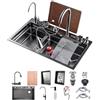 KOOGIMDDR Lavello da cucina con cascata nera, rettangolare in acciaio inossidabile, 1 lavandino da 90 × 50 cm, con rubinetto estraibile, sifone e troppopieno, lavello da bar multifunzionale, set di stazione di