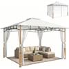 Outsunny Gazebo da Giardino 3x3.6 m Parete Zanzariera Doppio Tetto Crema | Gazebo da Esterno, Fori di Drenaggio, Struttura in Metallo Effetto Legno, per Giardino Terrazzo Feste Patio, UV50+