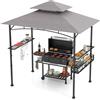 HOMASIS Gazebo per Barbecue con Cestino in Ferro, Pergolato da Giardino con Doppio Tetto, 2 Tavoli e Ganci, Pergola Addossata per Esterno, Gazebo per Griglia/BBQ (Grigio, 242 x 153 x 250 cm)