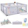 LIFEZEAL Recinto Bambini con Tappeto Gioco, 189x158cm, Box Neonato con Materassino, Box Bimbo 0~36 Mesi con Borsa, Anelli e Palline Colorate, Recinto Neonati in Rete Traspirante (grigio chiaro)