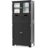LIFEZEAL Mobiletto Bagno Salvaspazio in Legno, Armadio a 2 Ante in Vetro, Arredo Grande 60x30x128 cm, Mobile Dispensa Cucina con 2 cassetti, Vetrinetta Soggiorno Moderno e Alta (nero)